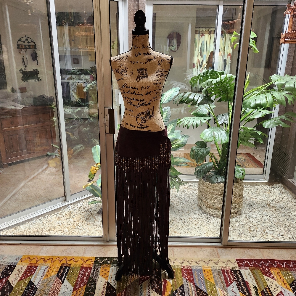 COPY - Pat Dahnke Genuine Leather Long Suede Beaded Fringe Skirt / Belt Sz S, M